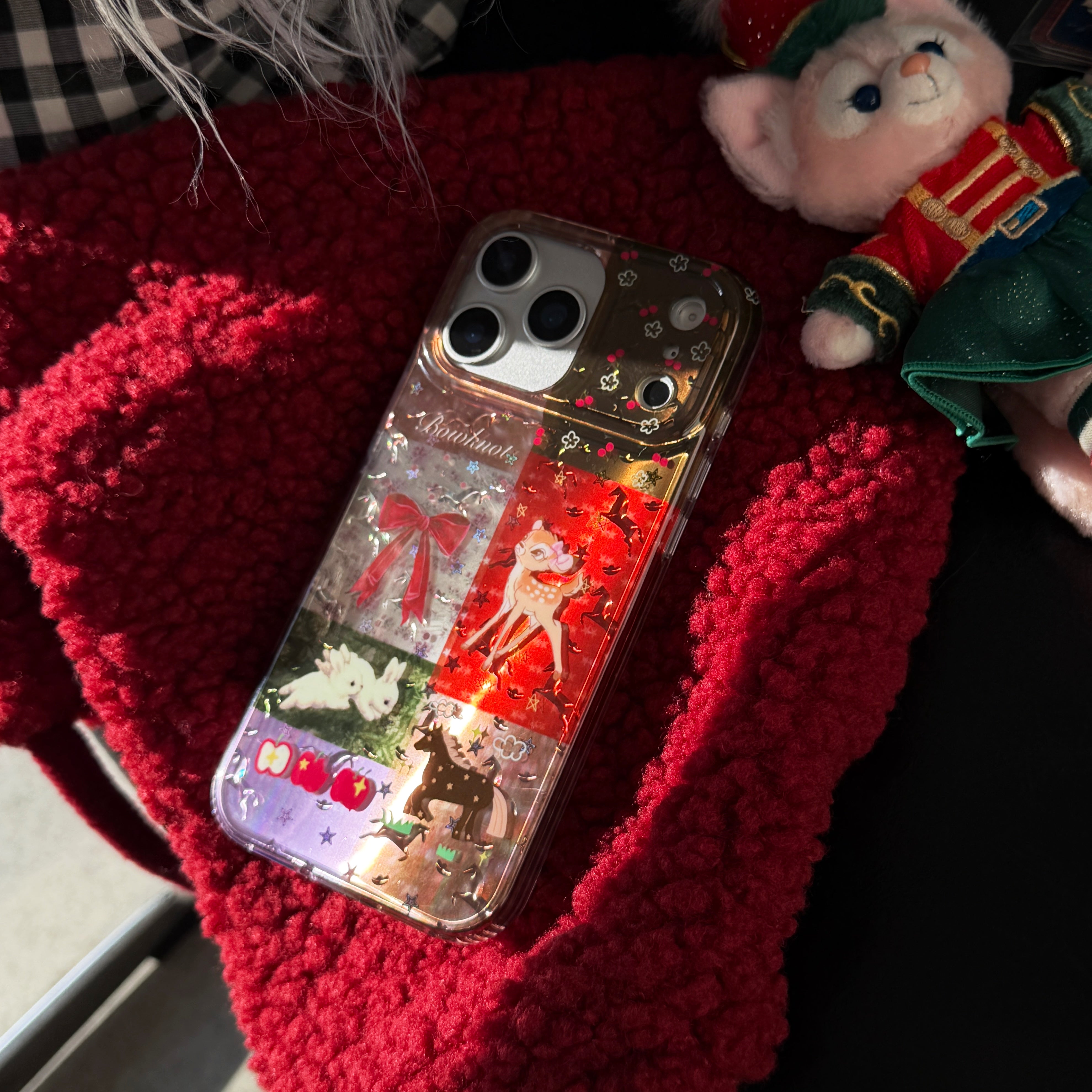 Plaid, floral, and cartoon deer design iPhone case