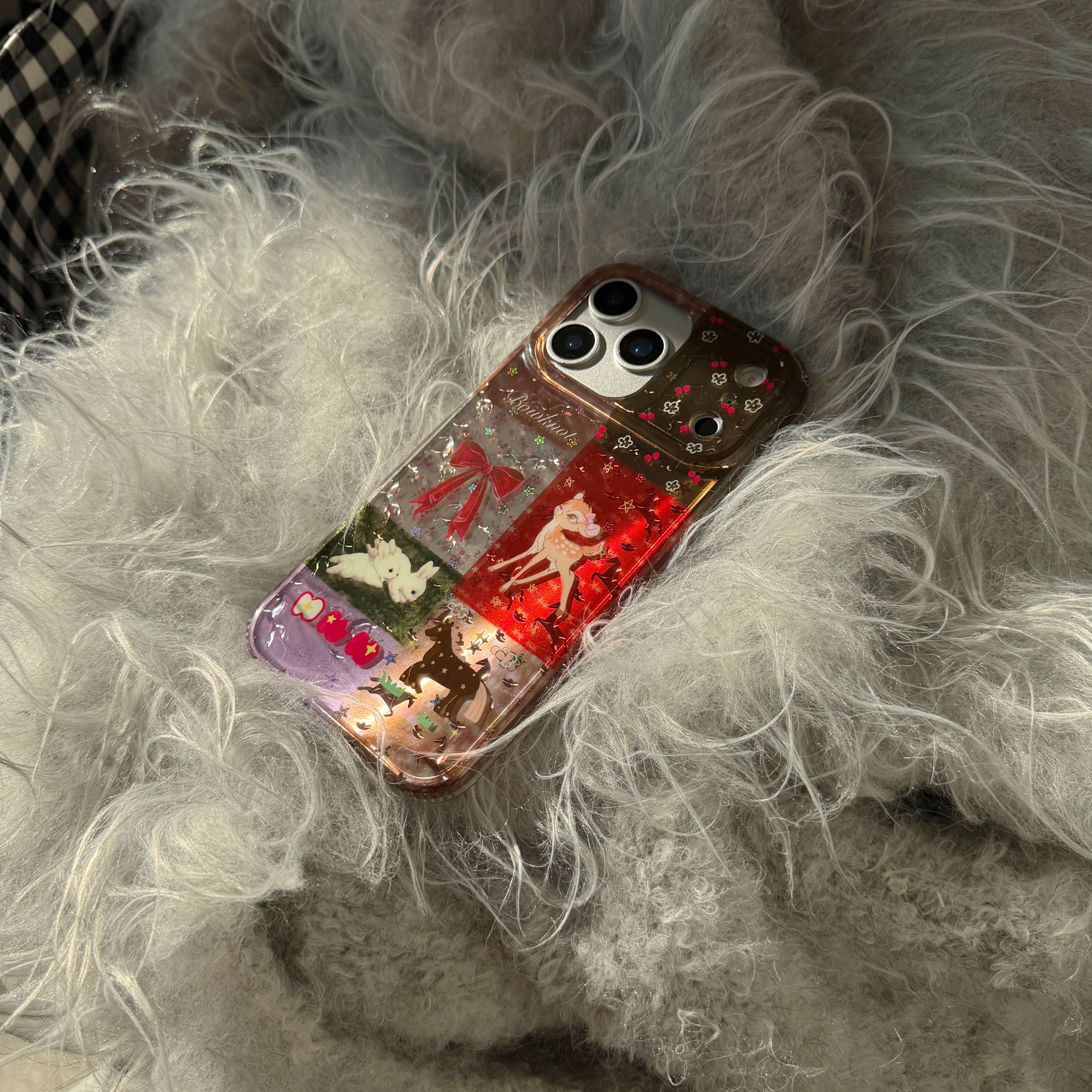 Plaid, floral, and cartoon deer design iPhone case