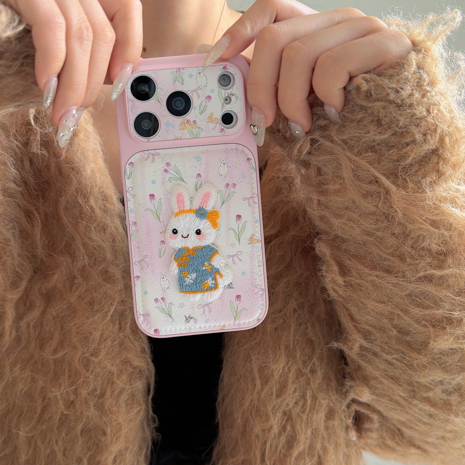 Tulip embroidered bunny iPhone case