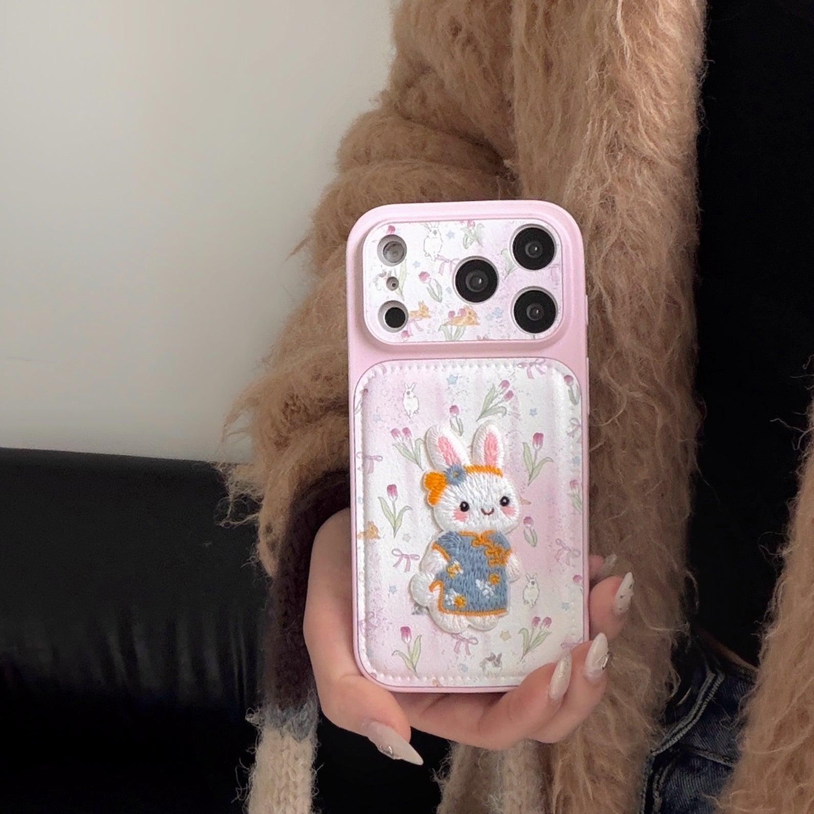 Tulip embroidered bunny iPhone case