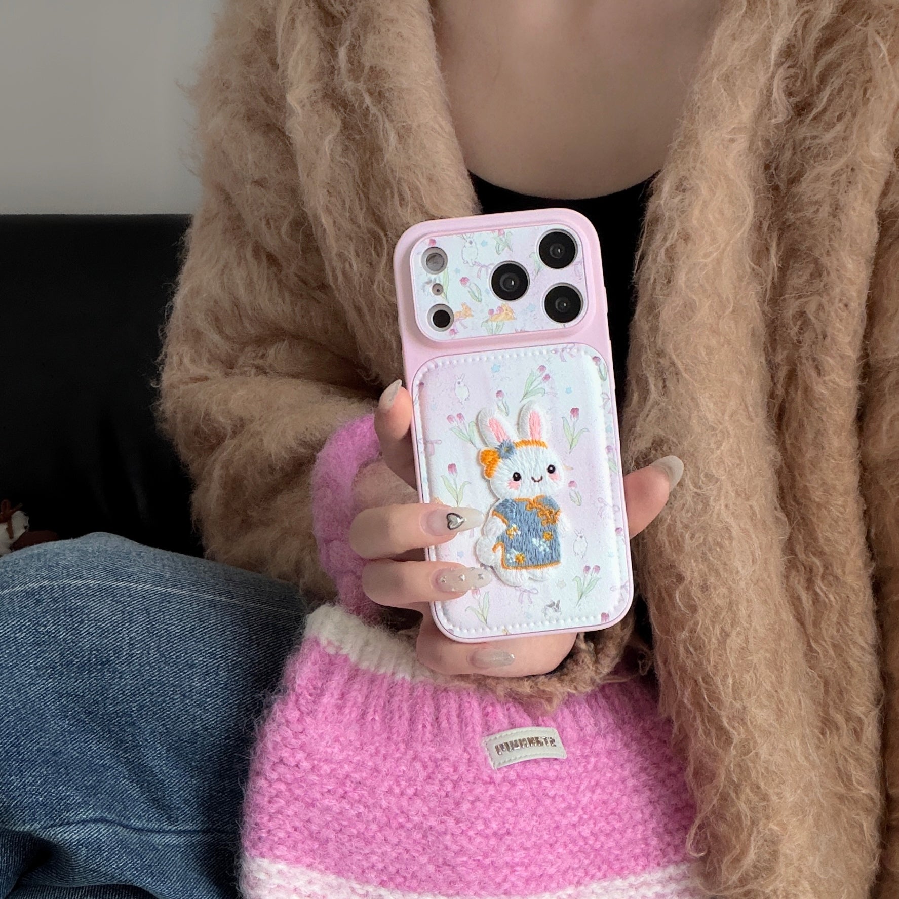 Tulip embroidered bunny iPhone case