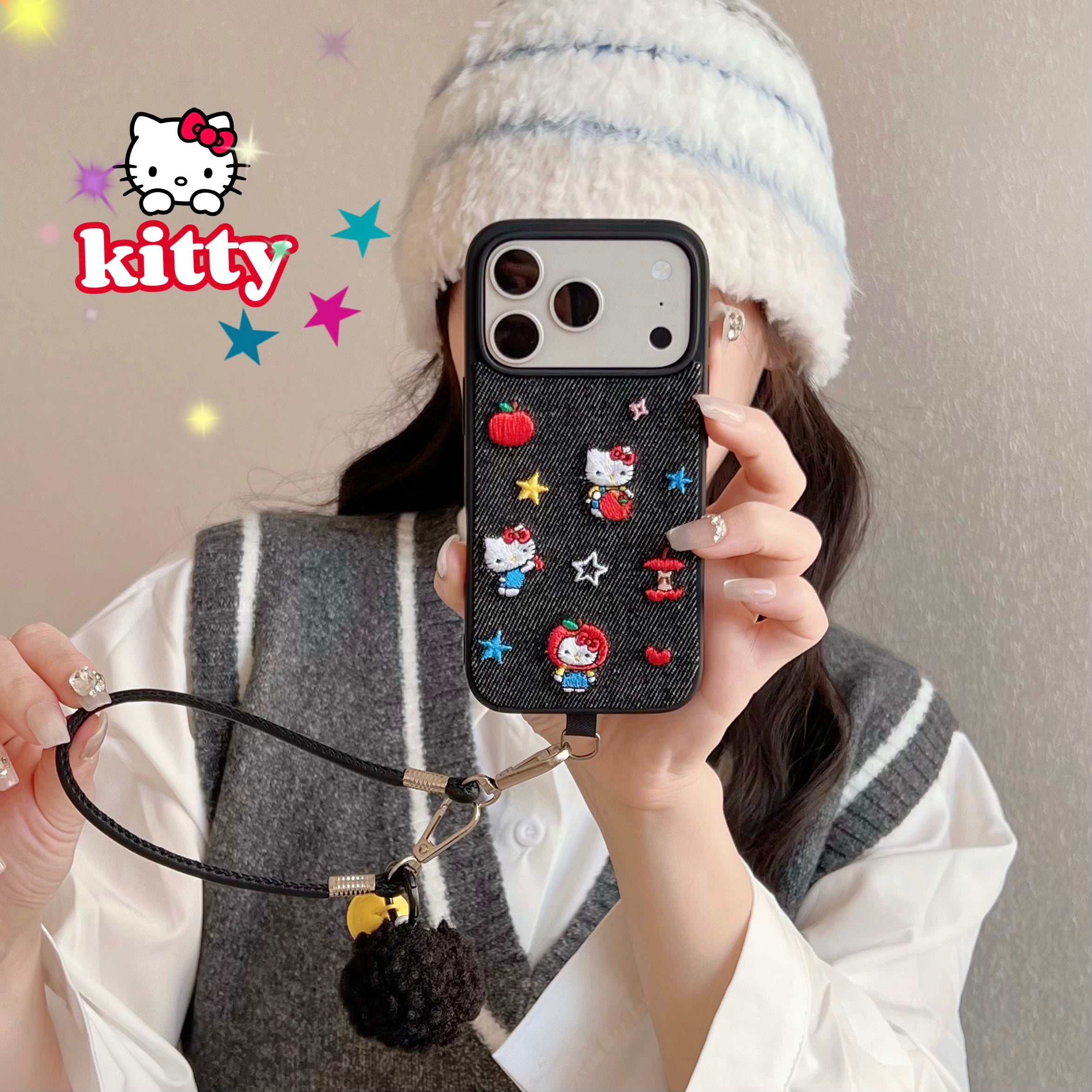 Blue and black Kitty embroidered denim phone case
