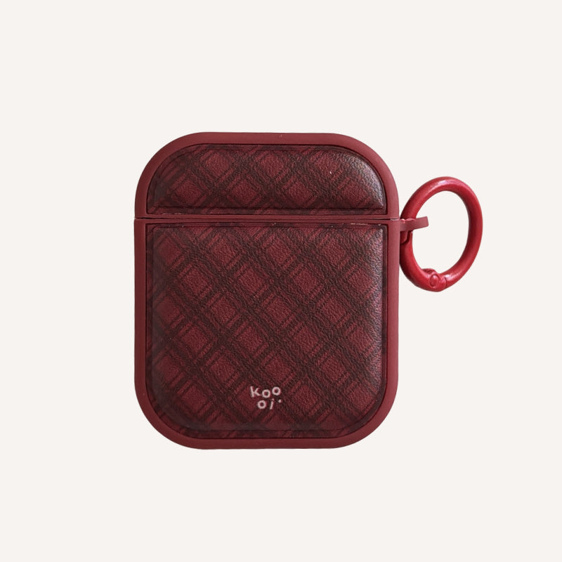 Red diamond-patterned magnetic leather AirPods earphone case