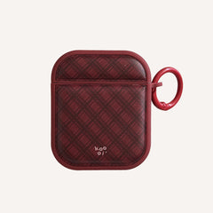 Red diamond-patterned magnetic leather AirPods earphone case