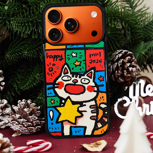 3D Embossed Big-Eye Cat Holding Star Phone Case for iPhone 13-17 Pro Max