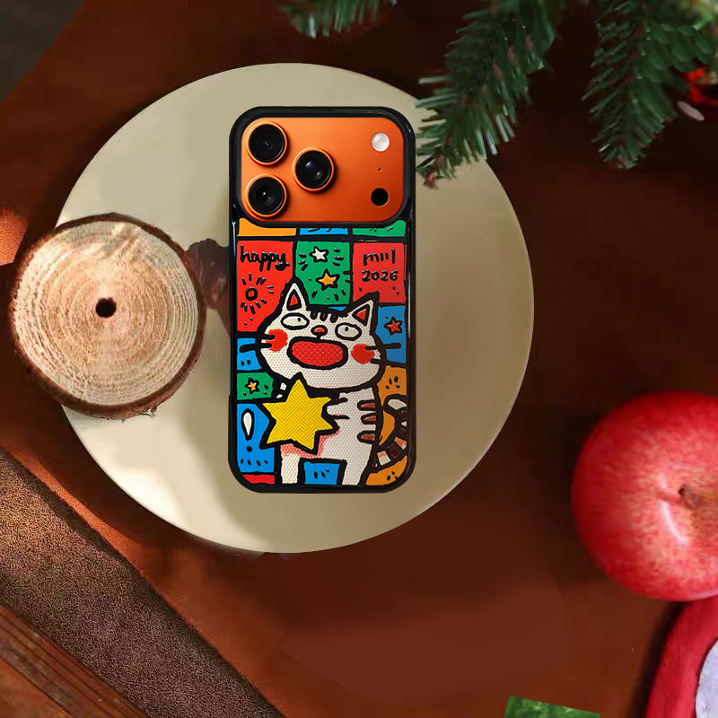 3D Embossed Big-Eye Cat Holding Star Phone Case for iPhone 13-17 Pro Max
