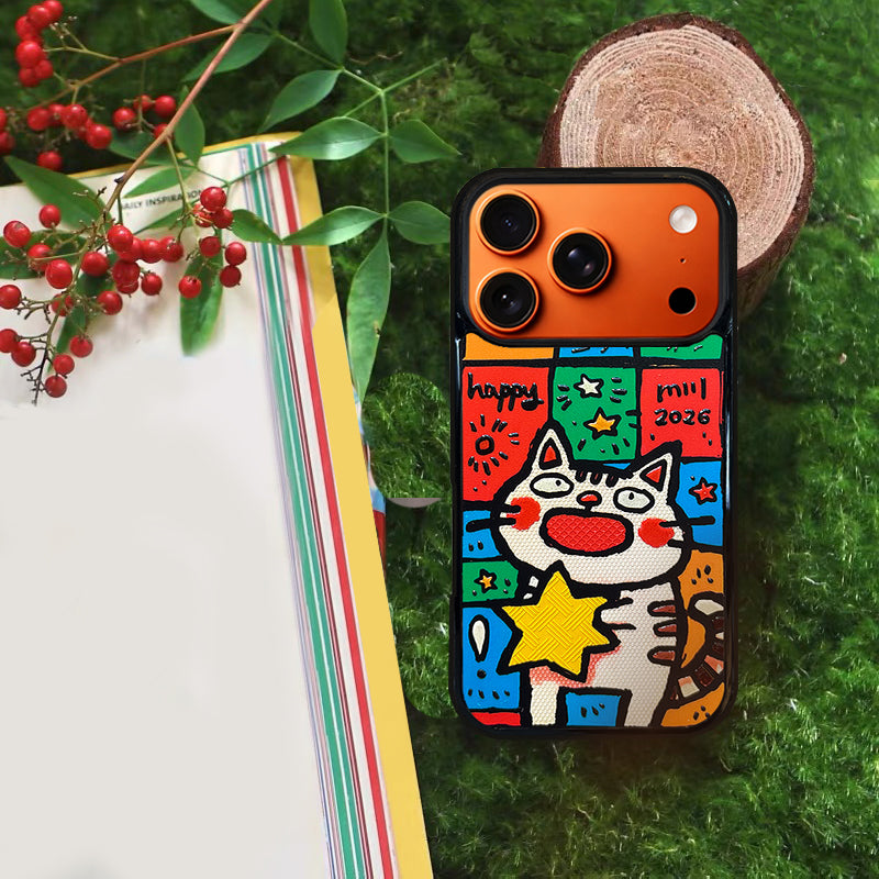 3D Embossed Big-Eye Cat Holding Star Phone Case for iPhone 13-17 Pro Max