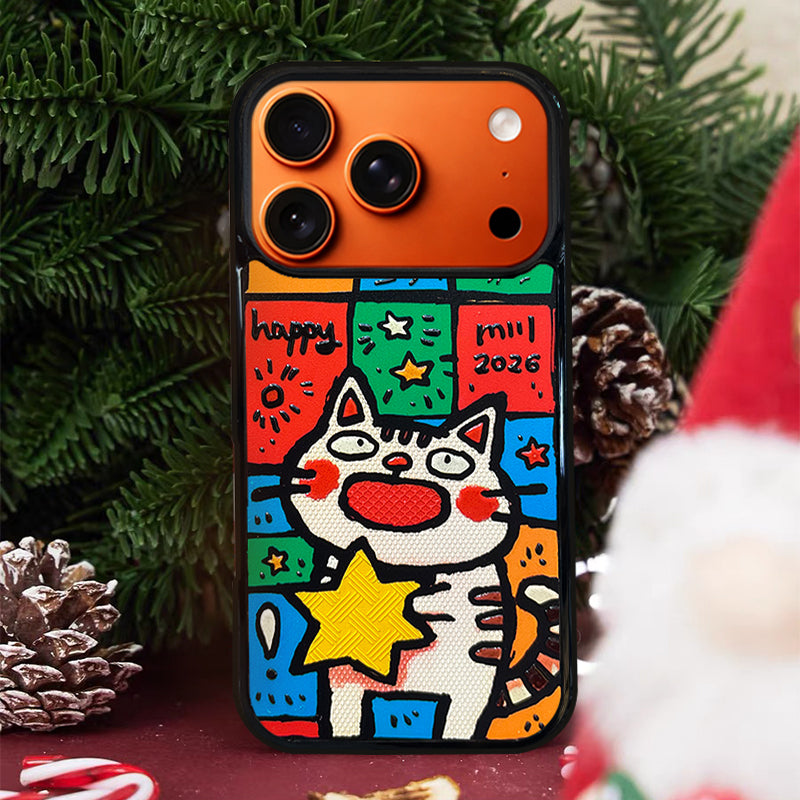 3D Embossed Big-Eye Cat Holding Star Phone Case for iPhone 13-17 Pro Max