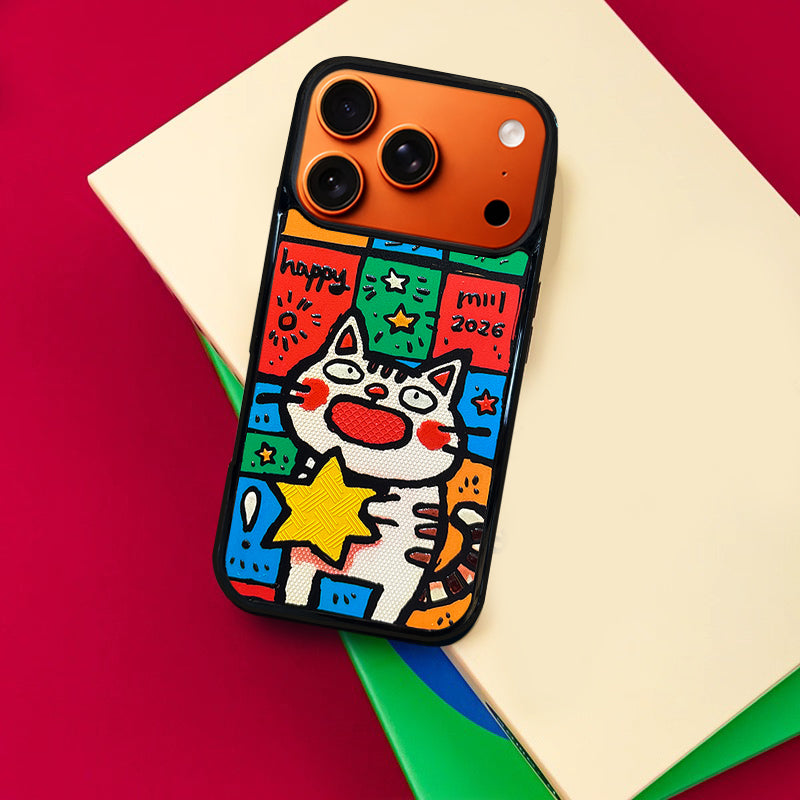 3D Embossed Big-Eye Cat Holding Star Phone Case for iPhone 13-17 Pro Max