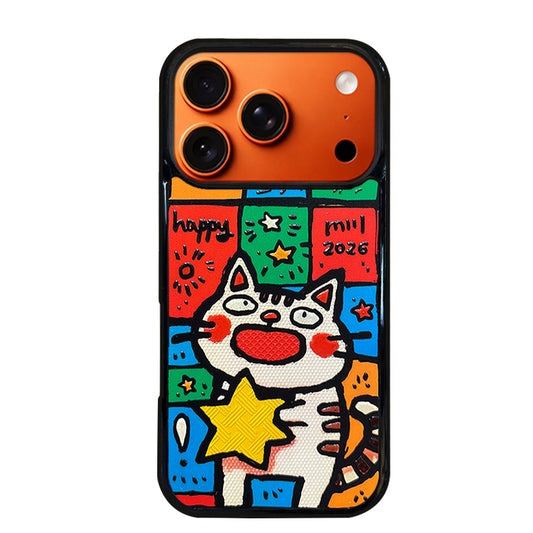 3D Embossed Big-Eye Cat Holding Star Phone Case for iPhone 13-17 Pro Max