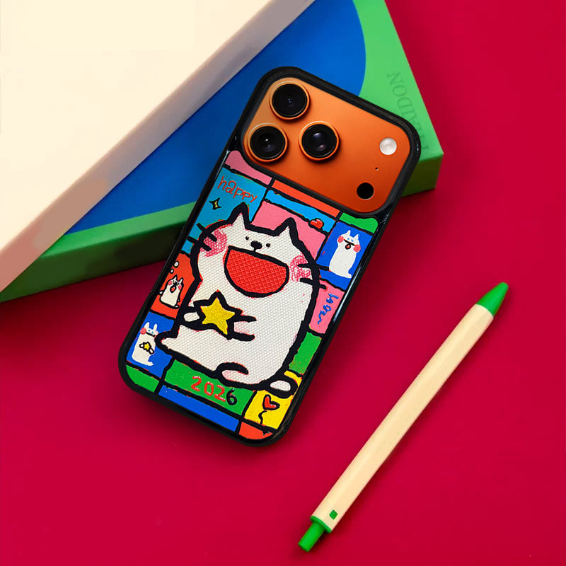 3D Embossed Small-Eye Cat Holding Star Phone Case for iPhone 13-17 Pro Max