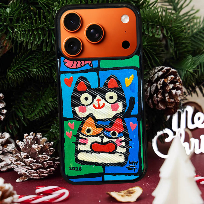 3D Embossed Double Cat Head Phone Case for iPhone 13-17 Pro Max