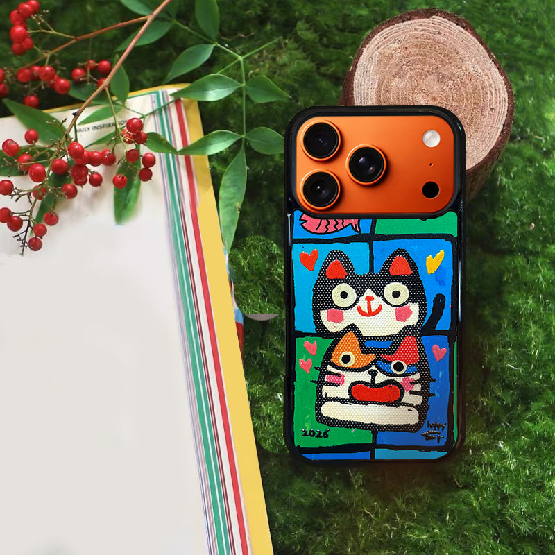 3D Embossed Double Cat Head Phone Case for iPhone 13-17 Pro Max