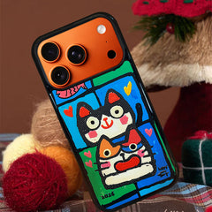 3D Embossed Double Cat Head Phone Case for iPhone 13-17 Pro Max