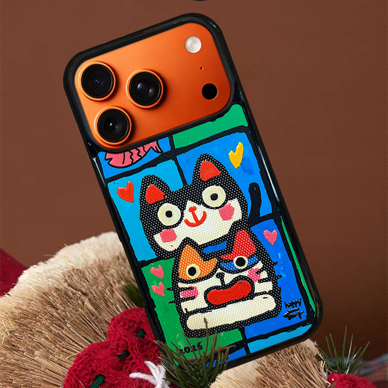 3D Embossed Double Cat Head Phone Case for iPhone 13-17 Pro Max
