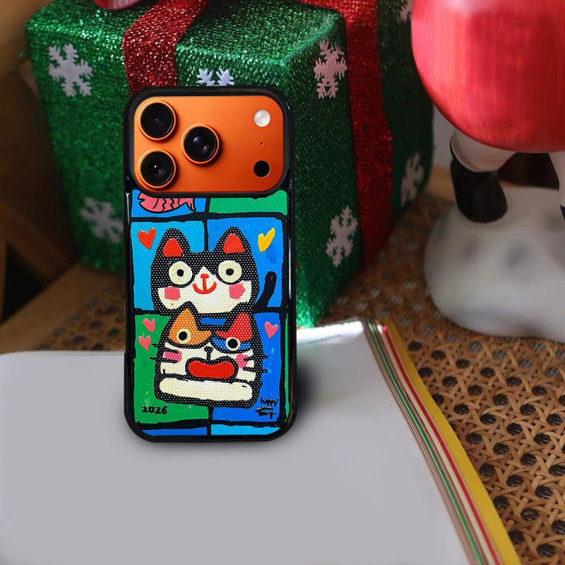 3D Embossed Double Cat Head Phone Case for iPhone 13-17 Pro Max