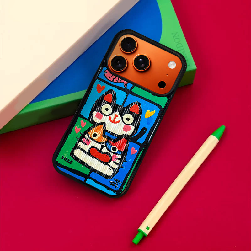 3D Embossed Double Cat Head Phone Case for iPhone 13-17 Pro Max