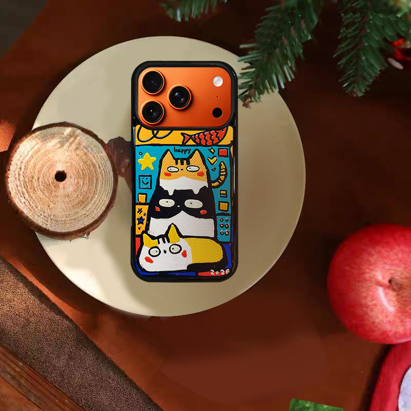 3D Embossed Three Cats Stacked Phone Case for iPhone 13-17 Pro Max