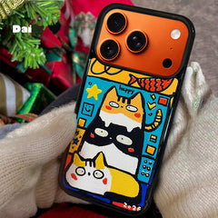 3D Embossed Three Cats Stacked Phone Case for iPhone 13-17 Pro Max