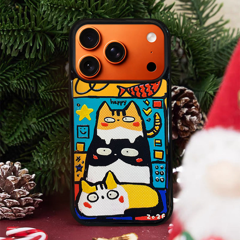 3D Embossed Three Cats Stacked Phone Case for iPhone 13-17 Pro Max