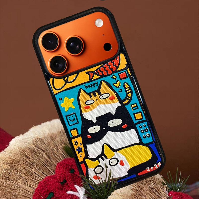 3D Embossed Three Cats Stacked Phone Case for iPhone 13-17 Pro Max