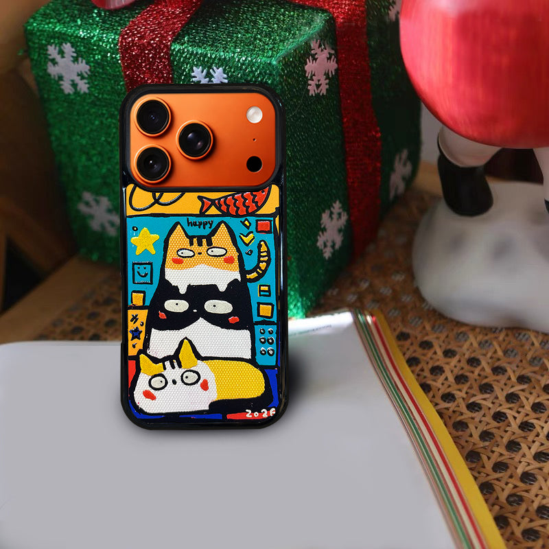 3D Embossed Three Cats Stacked Phone Case for iPhone 13-17 Pro Max