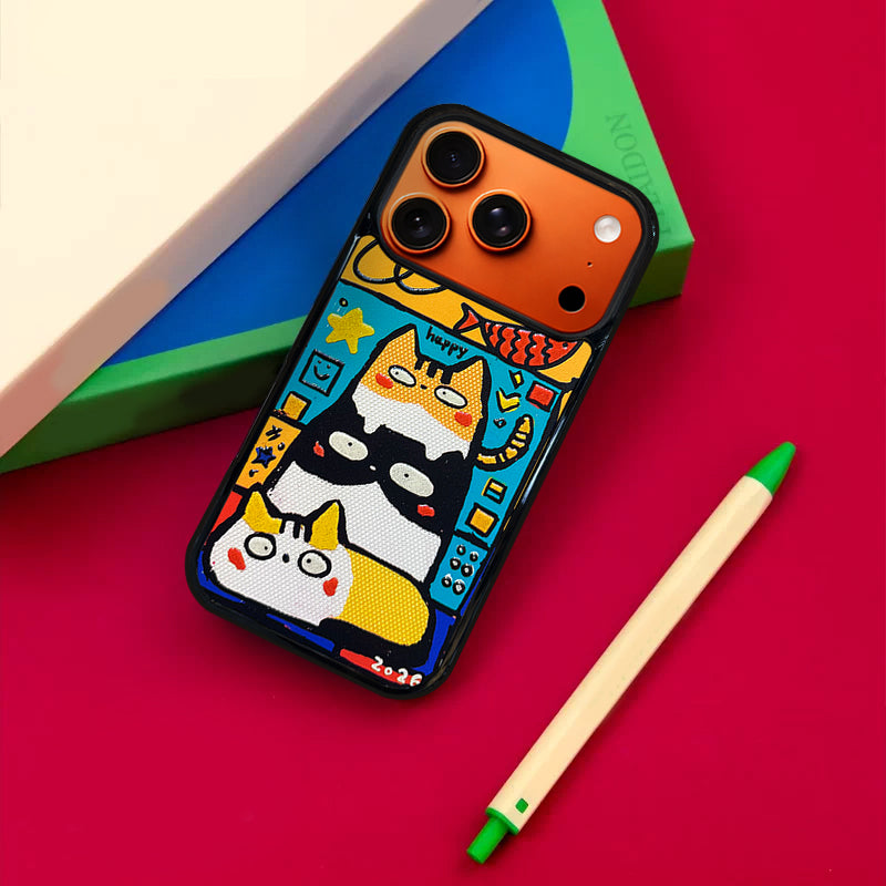 3D Embossed Three Cats Stacked Phone Case for iPhone 13-17 Pro Max