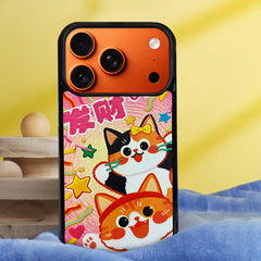 3D Embossed Lucky Orange & Calico Cat Phone Case for iPhone 13-17 Pro Max