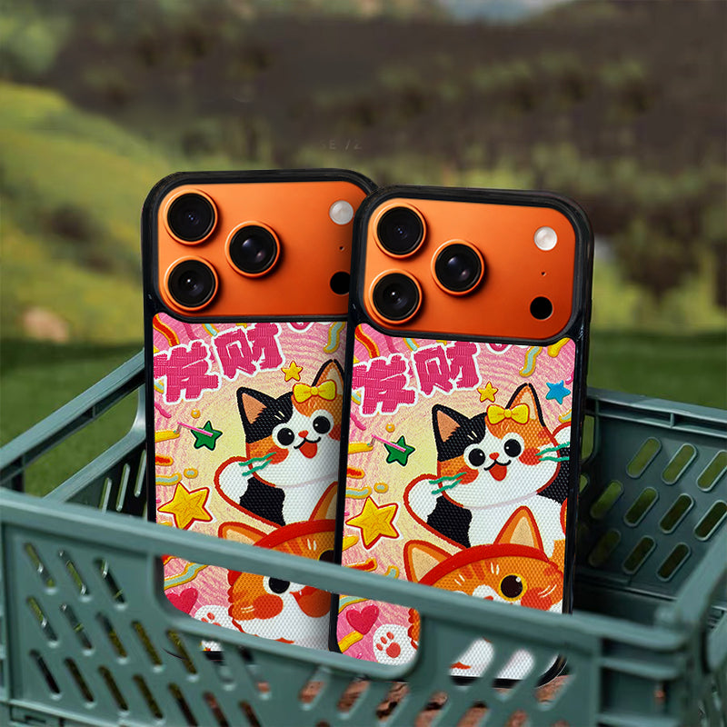 3D Embossed Lucky Orange & Calico Cat Phone Case for iPhone 13-17 Pro Max