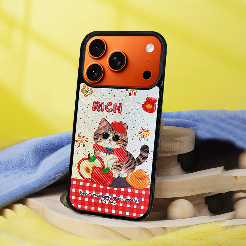 3D Embossed Rich Tabby Cat Phone Case for iPhone 13-17 Pro Max