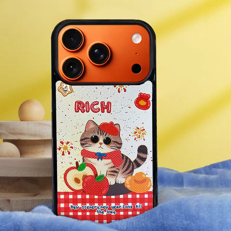 3D Embossed Rich Tabby Cat Phone Case for iPhone 13-17 Pro Max