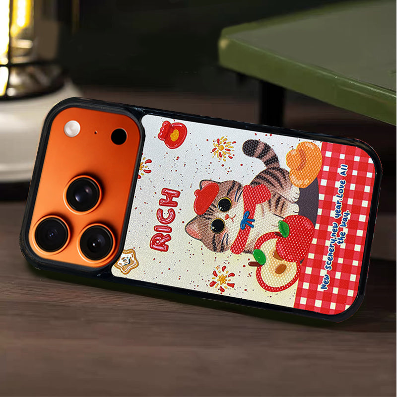 3D Embossed Rich Tabby Cat Phone Case for iPhone 13-17 Pro Max