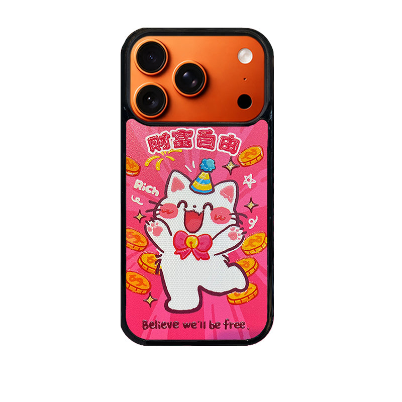 3D Embossed Wealth Freedom White Cat Phone Case for iPhone 13-17 Pro Max