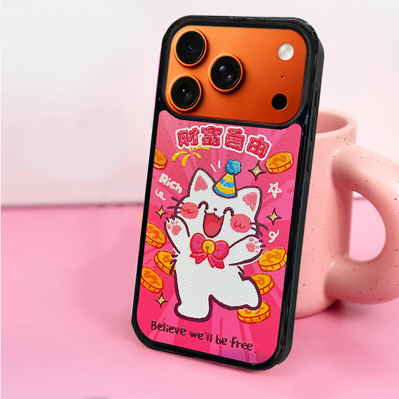 3D Embossed Wealth Freedom White Cat Phone Case for iPhone 13-17 Pro Max