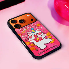 3D Embossed Wealth Freedom White Cat Phone Case for iPhone 13-17 Pro Max