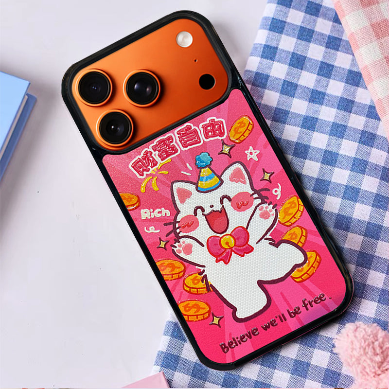 3D Embossed Wealth Freedom White Cat Phone Case for iPhone 13-17 Pro Max