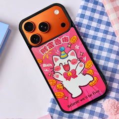 3D Embossed Wealth Freedom White Cat Phone Case for iPhone 13-17 Pro Max