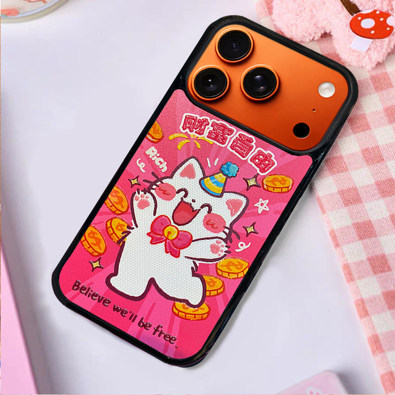 3D Embossed Wealth Freedom White Cat Phone Case for iPhone 13-17 Pro Max