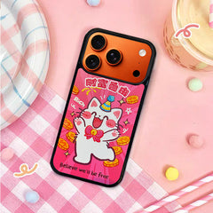 3D Embossed Wealth Freedom White Cat Phone Case for iPhone 13-17 Pro Max