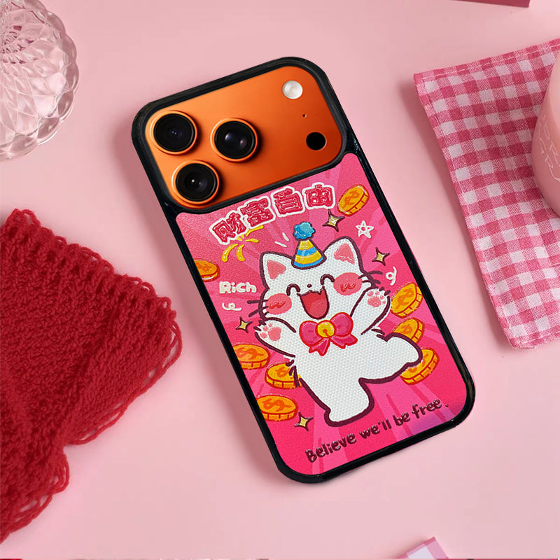 3D Embossed Wealth Freedom White Cat Phone Case for iPhone 13-17 Pro Max