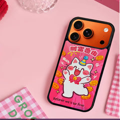 3D Embossed Wealth Freedom White Cat Phone Case for iPhone 13-17 Pro Max