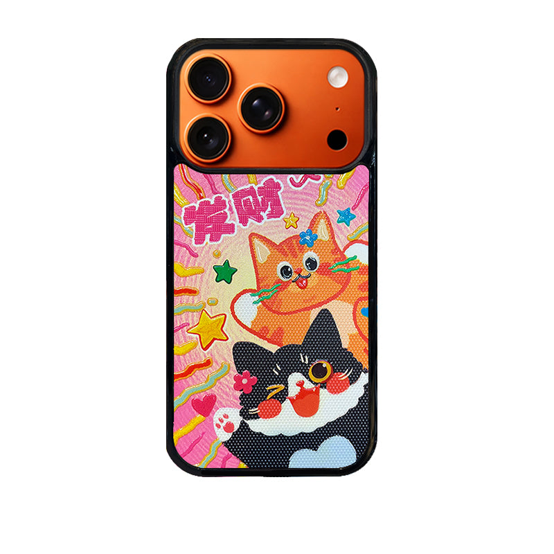 3D Embossed Lucky Black & Orange Cat Phone Case for iPhone 13-17 Pro Max