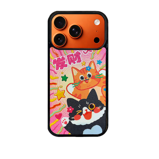 3D Embossed Lucky Black & Orange Cat Phone Case for iPhone 13-17 Pro Max