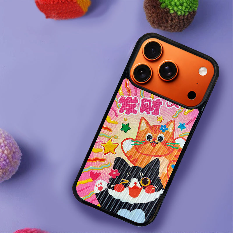 3D Embossed Lucky Black & Orange Cat Phone Case for iPhone 13-17 Pro Max