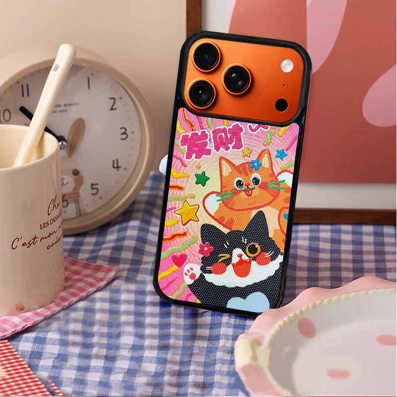 3D Embossed Lucky Black & Orange Cat Phone Case for iPhone 13-17 Pro Max