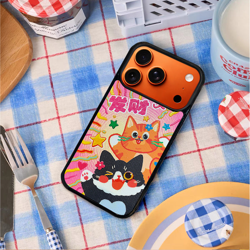 3D Embossed Lucky Black & Orange Cat Phone Case for iPhone 13-17 Pro Max