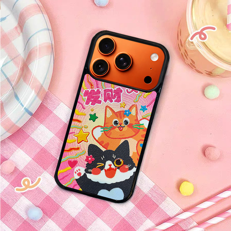 3D Embossed Lucky Black & Orange Cat Phone Case for iPhone 13-17 Pro Max