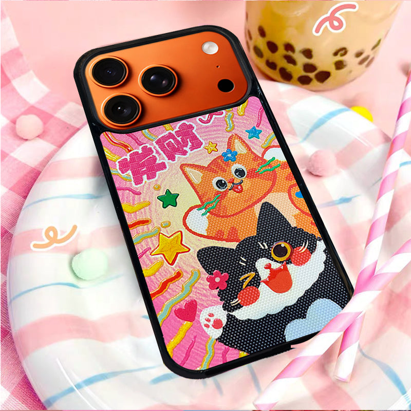 3D Embossed Lucky Black & Orange Cat Phone Case for iPhone 13-17 Pro Max