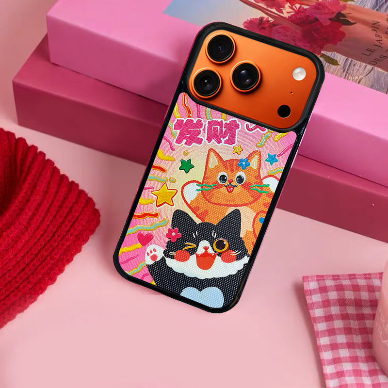 3D Embossed Lucky Black & Orange Cat Phone Case for iPhone 13-17 Pro Max