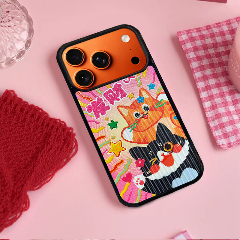 3D Embossed Lucky Black & Orange Cat Phone Case for iPhone 13-17 Pro Max